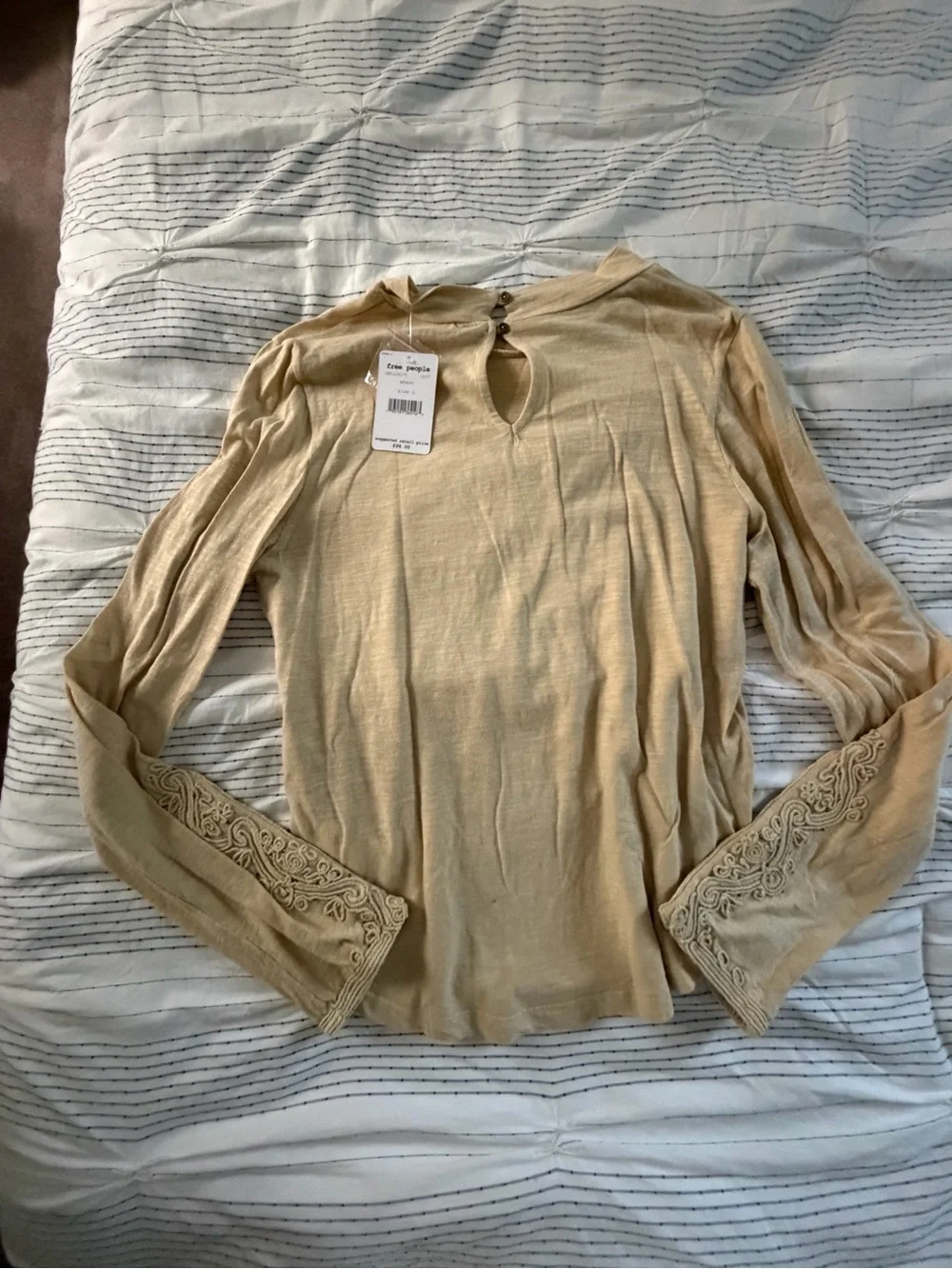 Free People Cream Embroidered Long Sleeve Top